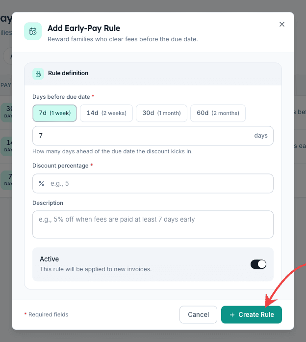 Add Early-Pay Rule dialog with the Create Rule button on the bottom right highlighted and Active toggle on