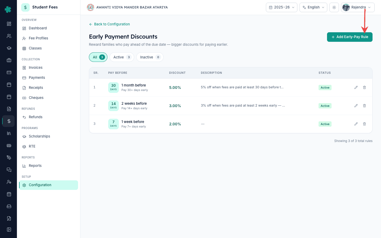 Inkwelly Early Payment Discounts list page showing existing rules and the Add Early-Pay Rule button on top right
