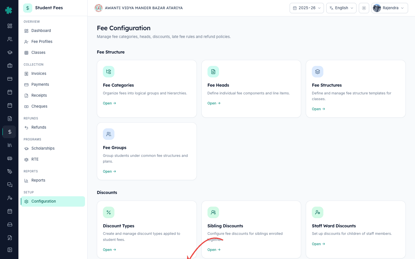 Inkwelly Fee Configuration page with the Early Payment Discounts tile under Discounts highlighted