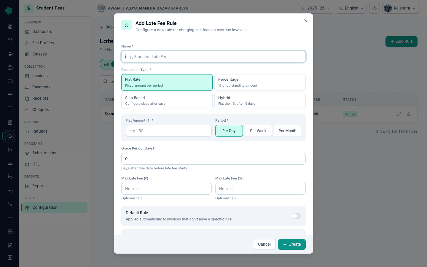 Add Late Fee Rule dialog in Inkwelly with Name field and four calculation type tiles Flat Rate Percentage Slab Based and Hybrid