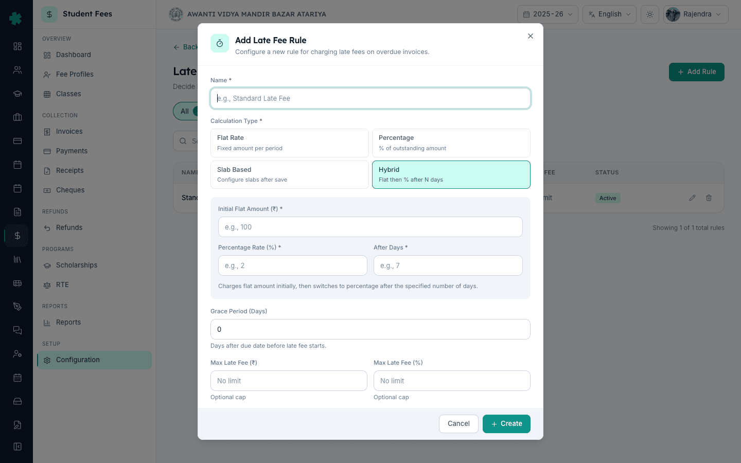Add Late Fee Rule dialog with Hybrid selected showing Initial Flat Amount Percentage Rate and After Days fields