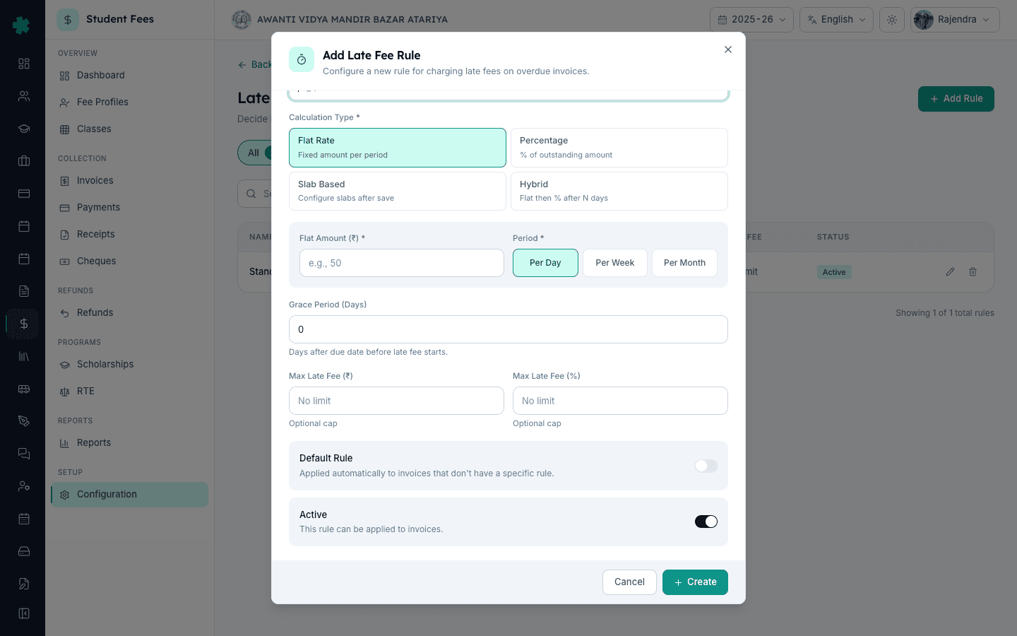 Grace Period and Max Late Fee rupee and percent fields inside the Add Late Fee Rule dialog in Inkwelly