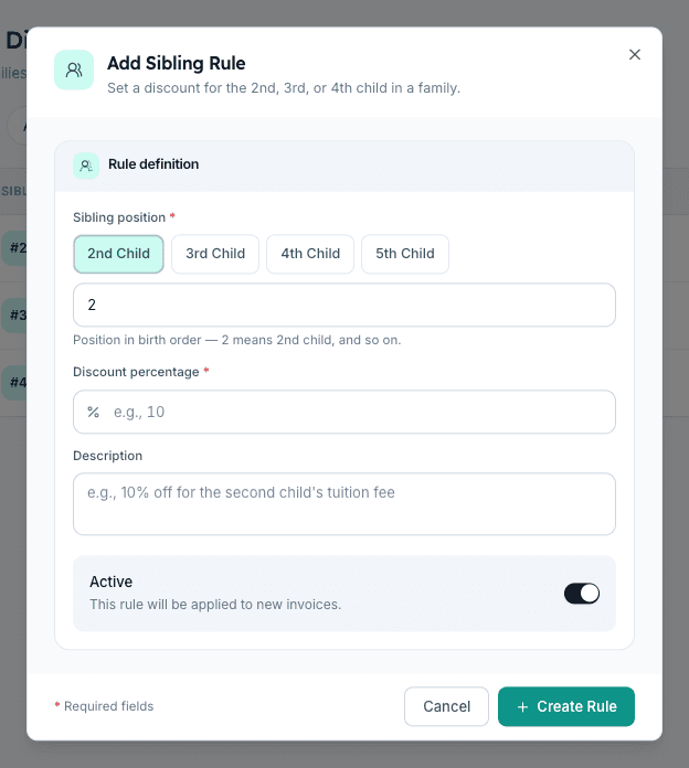 Add Sibling Rule dialog in Inkwelly showing 2nd, 3rd, 4th and 5th Child position chips