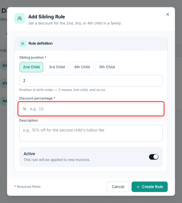 Add Sibling Rule dialog with the discount percentage field highlighted in Inkwelly