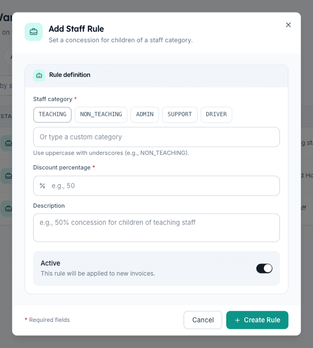 Add Staff Rule dialog in Inkwelly with category quick-chips, percentage field, description and Active toggle