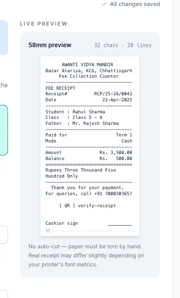 Inkwelly Thermal Printer live preview pane showing the formatted 80mm receipt slip ready for test print