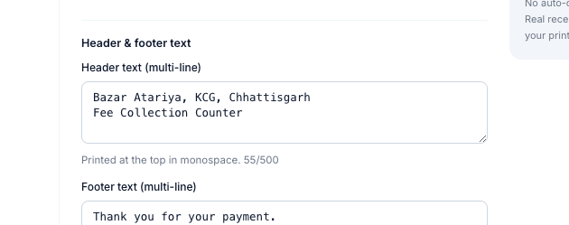 Thermal Printer Header text and Footer text fields in Inkwelly with sample school name and contact line