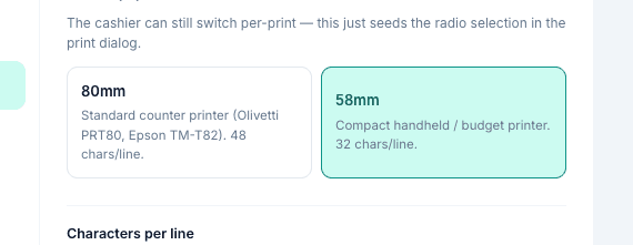 Thermal Printer settings panel in Inkwelly with the Default paper size picker showing 80mm and 58mm cards