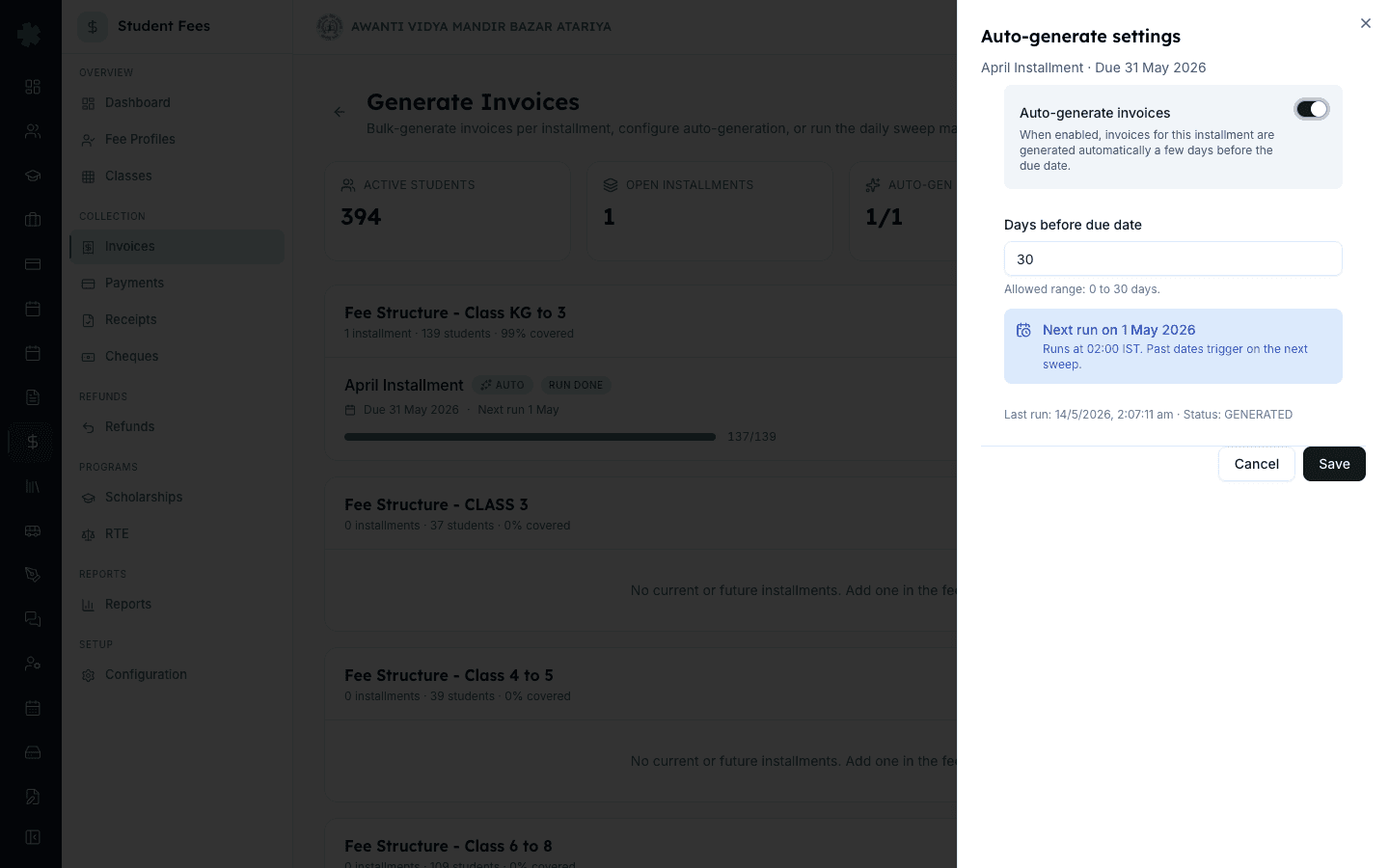 Auto-generate settings side sheet in Inkwelly with the Auto-generate invoices toggle and Days before due date field