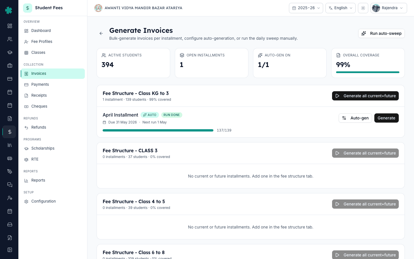 Inkwelly Generate Invoices page showing Active Students, Open Installments, Auto-gen On and Overall Coverage KPI tiles with per-structure cards listing installment rows