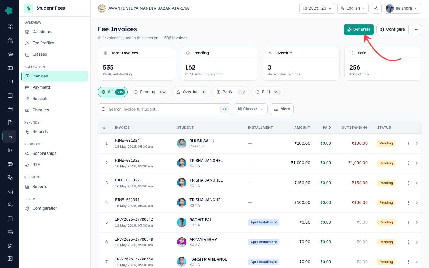Inkwelly Invoices page with the Generate button highlighted on the top right