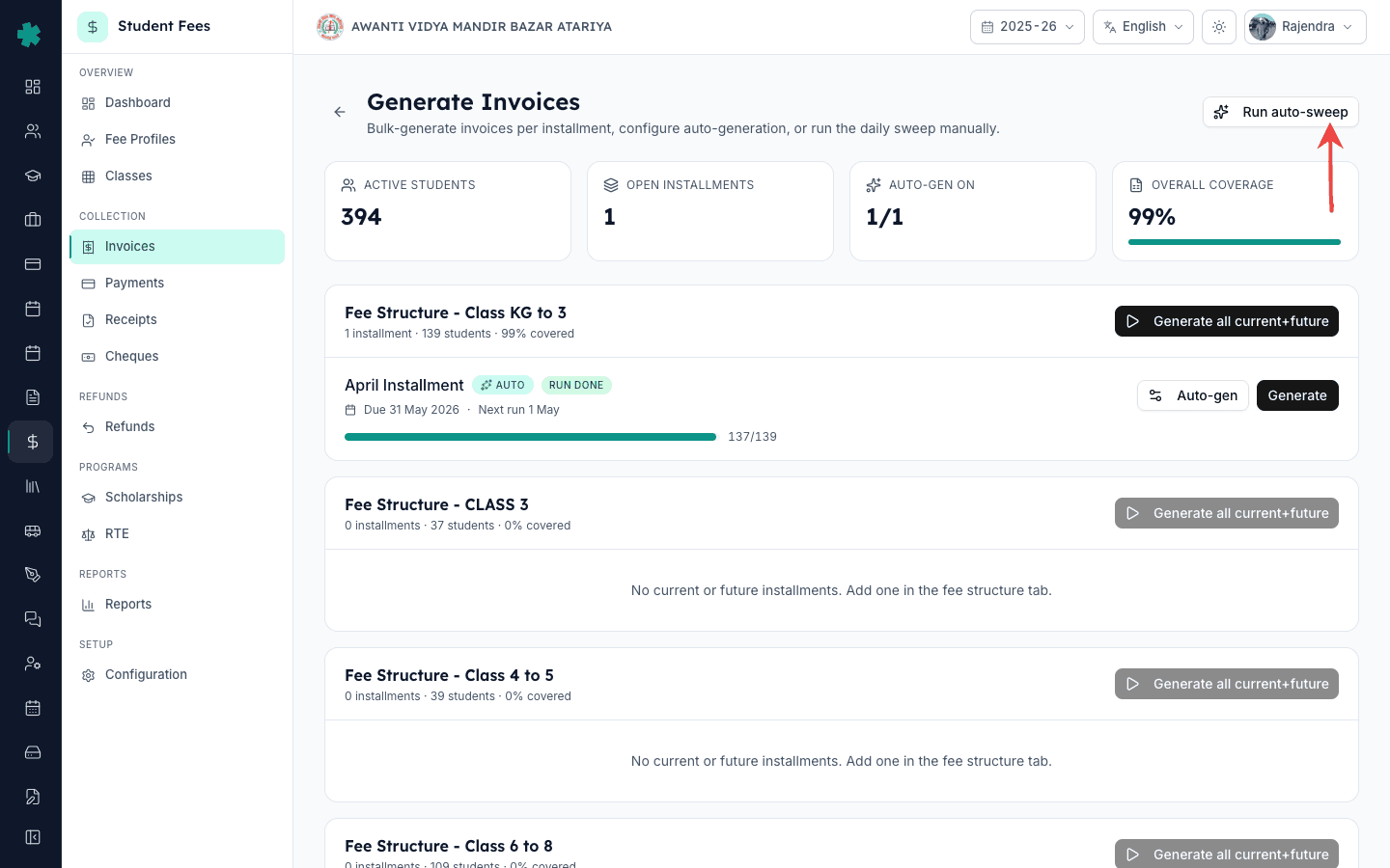 Run auto-sweep button on the top right of the Inkwelly Generate Invoices page that triggers the daily 02:00 IST sweep on demand