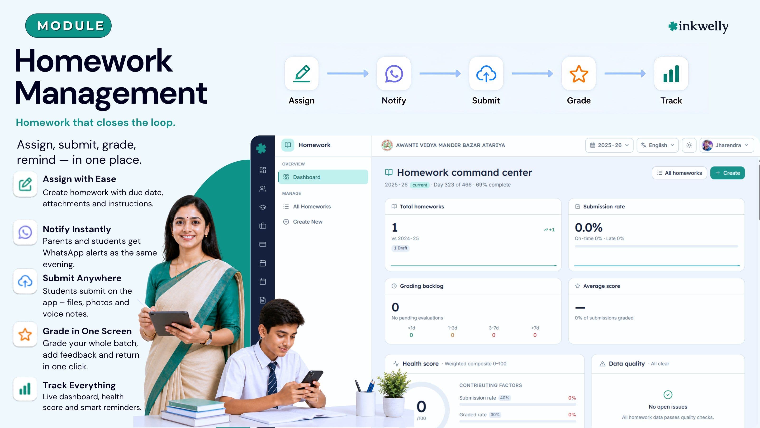 Homework management module dashboard preview