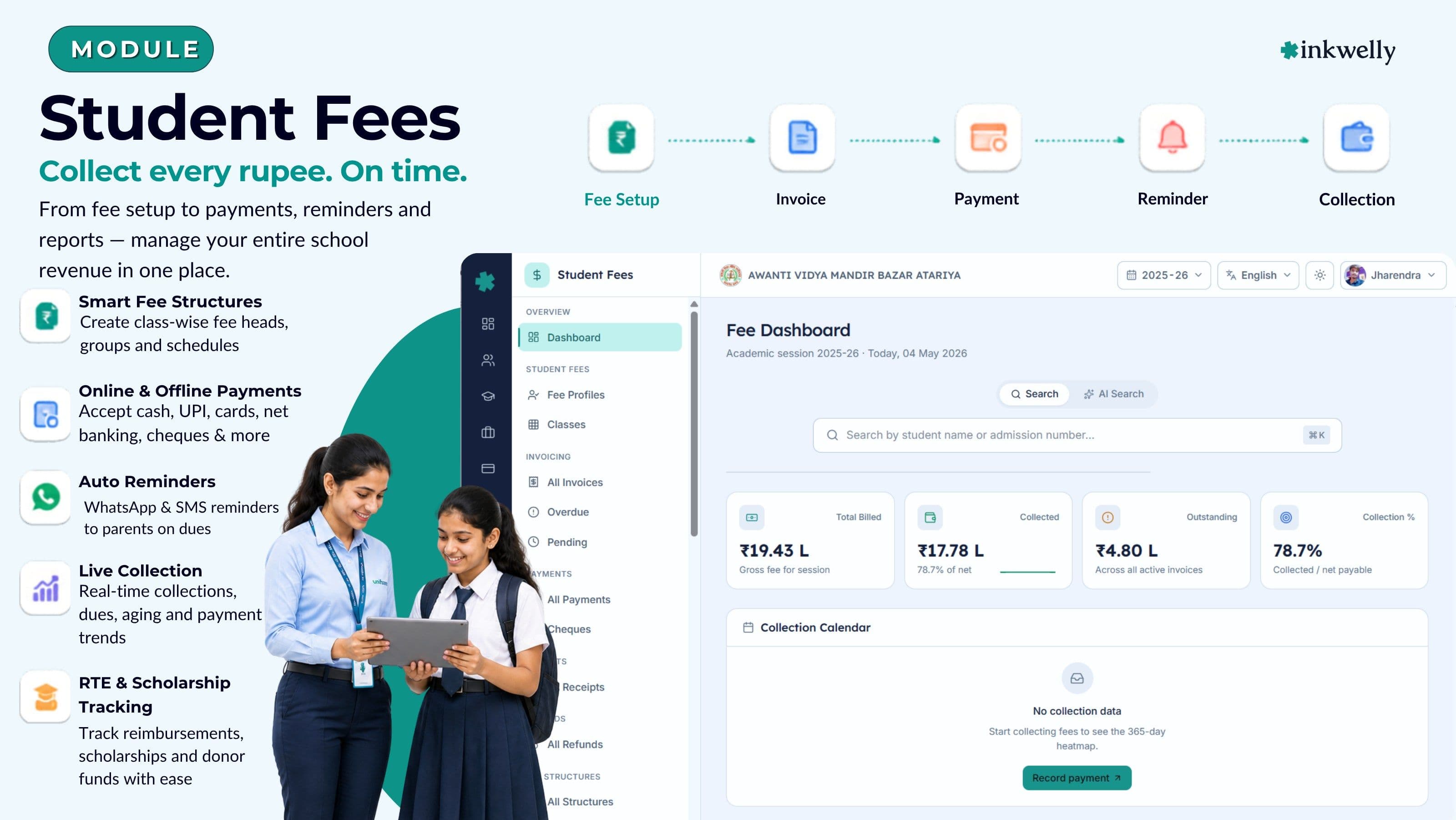 Student fees dashboard with school theme