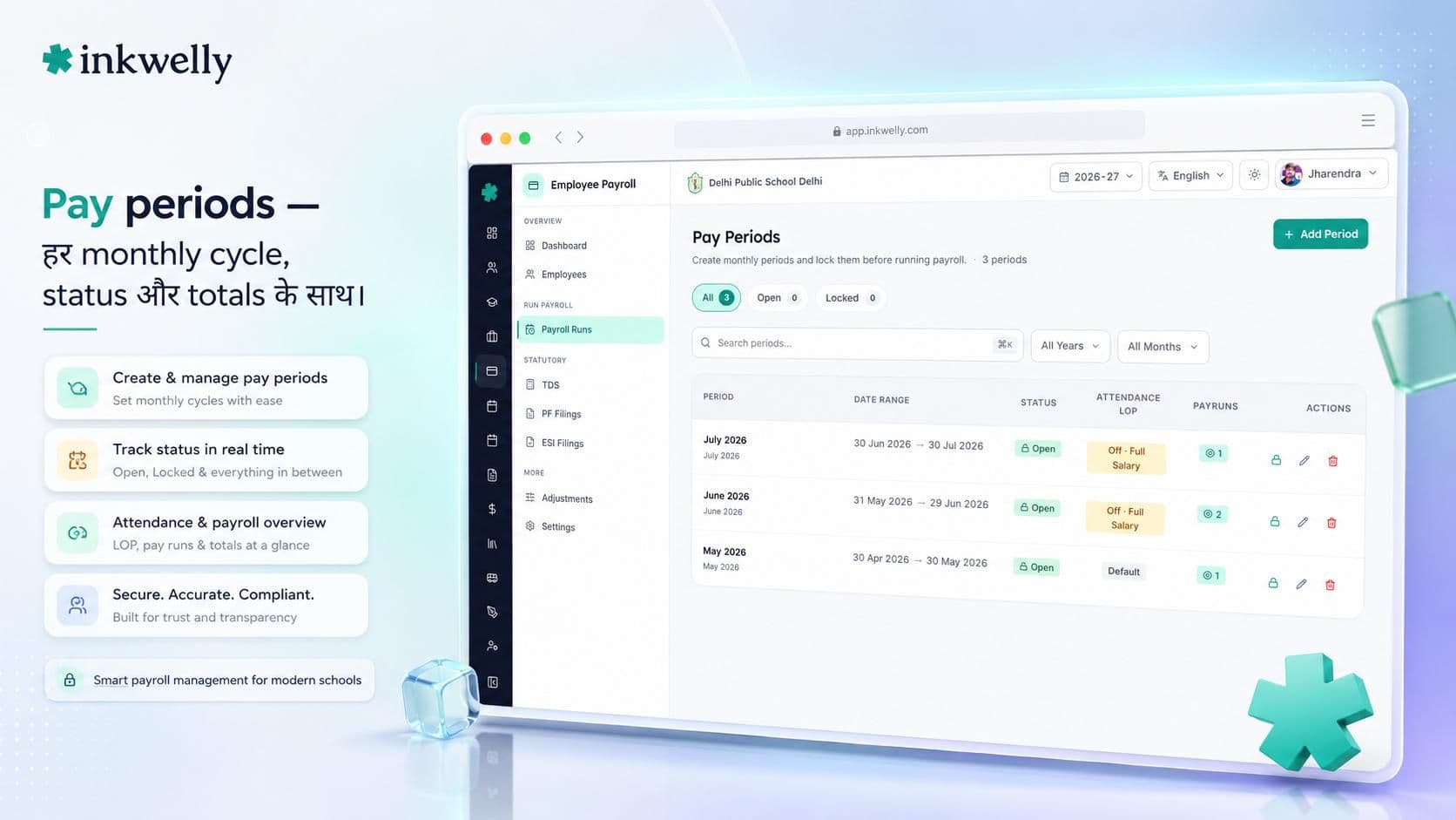 Pay period detail showing draft, calculated, approved, disbursed and closed states