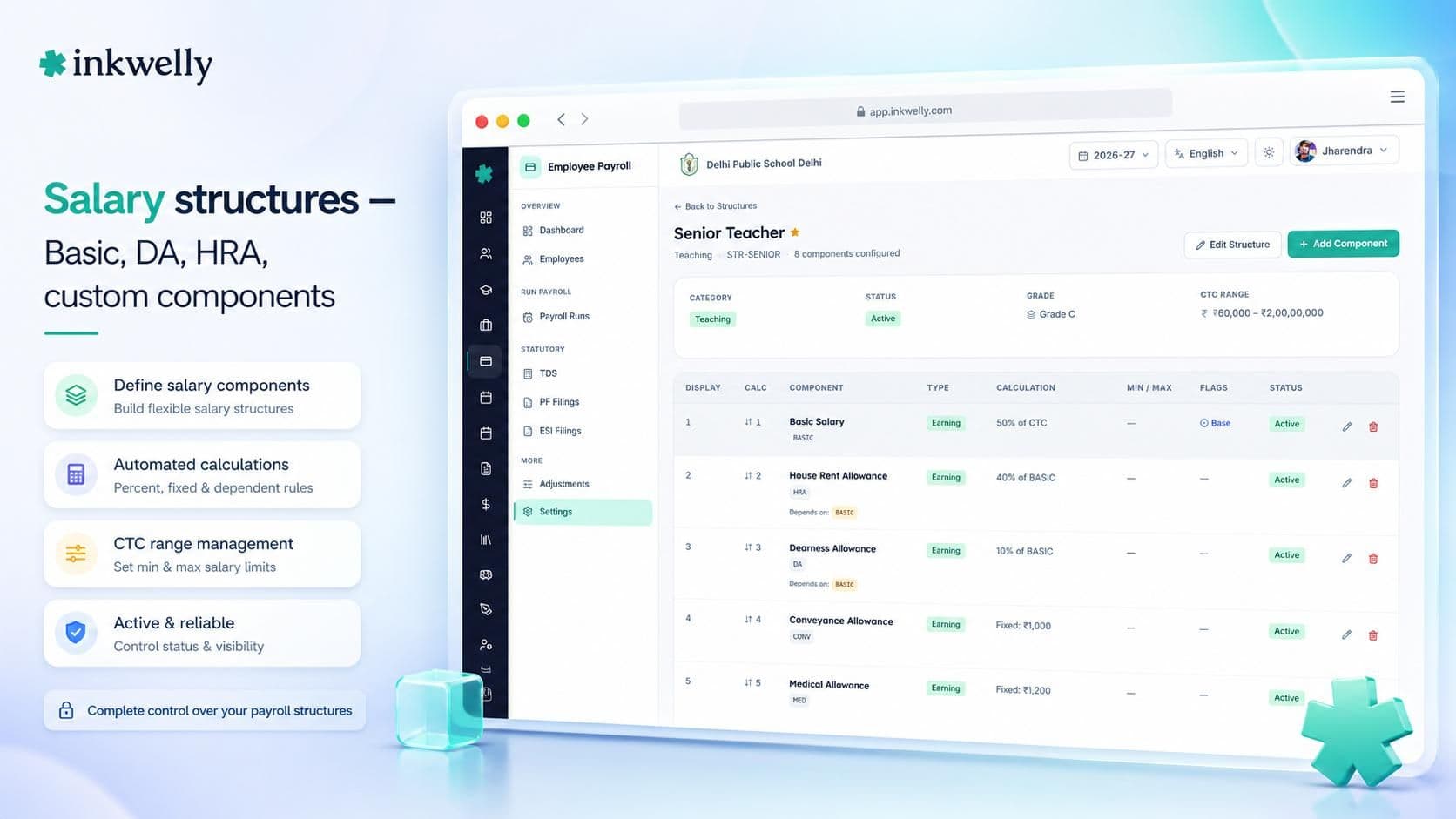 Salary structure builder with formula editor for percentage components and grade-based ranges