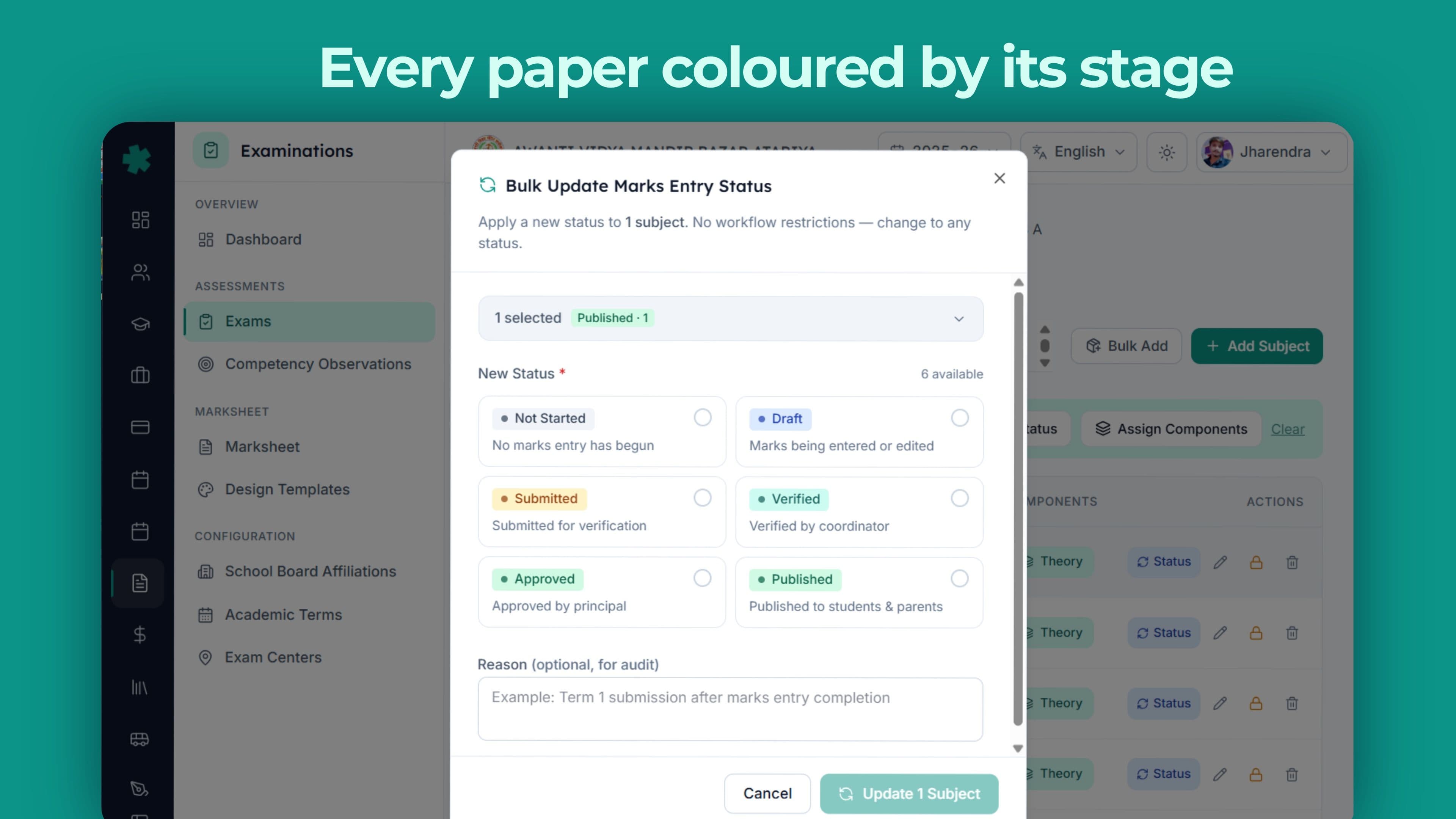 Exam list every paper coloured by its stage