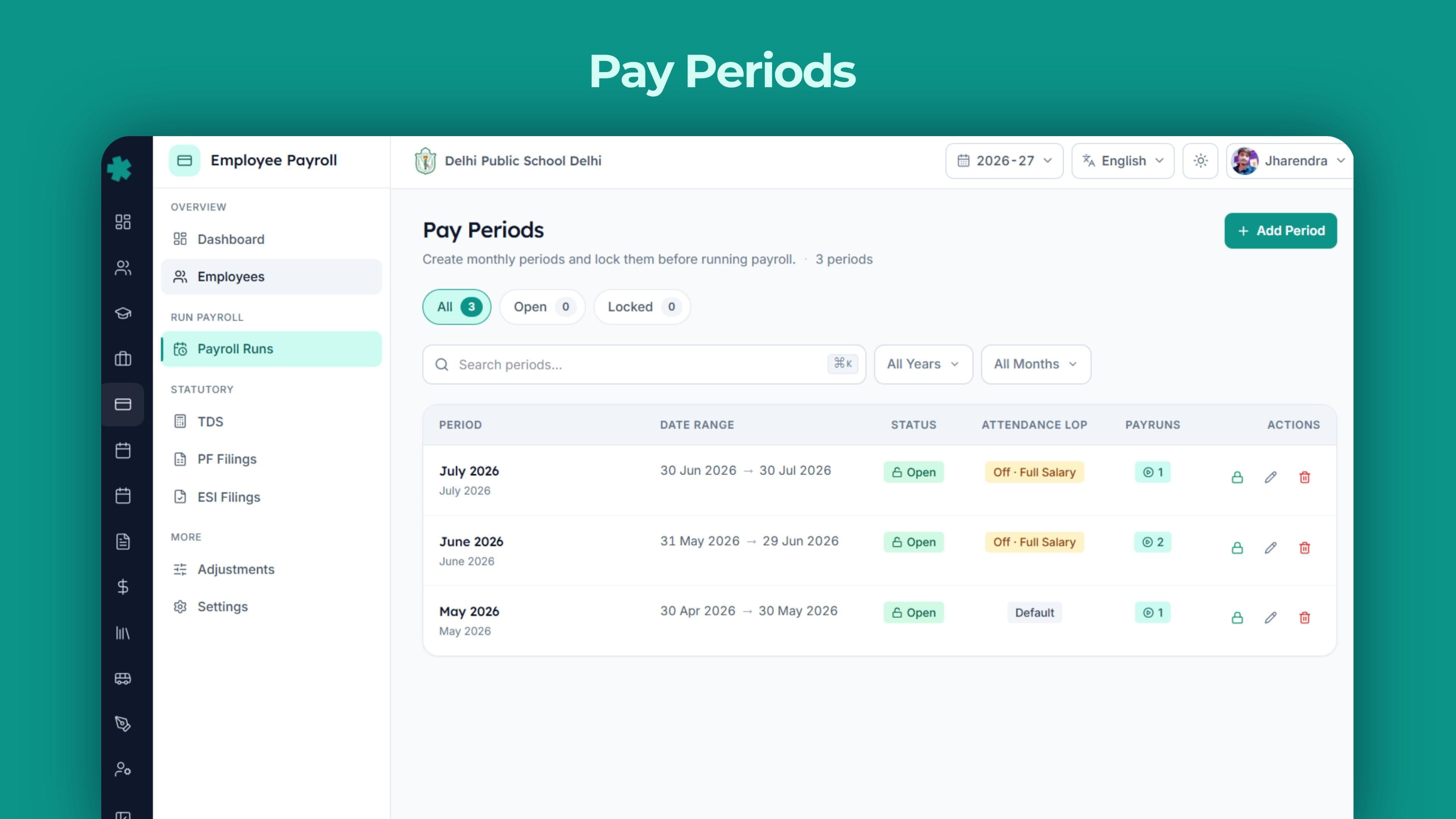 Pay periods every monthly cycle, with status and totals