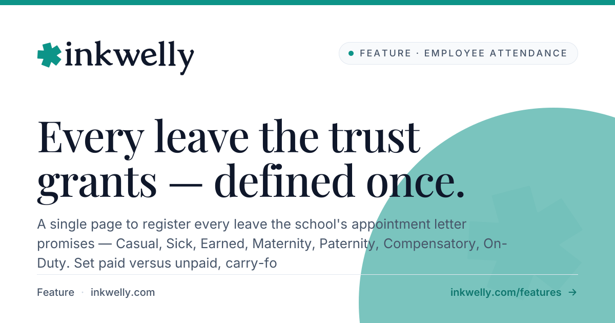 School Leave Types — CL · SL · EL · Maternity · Inkwelly